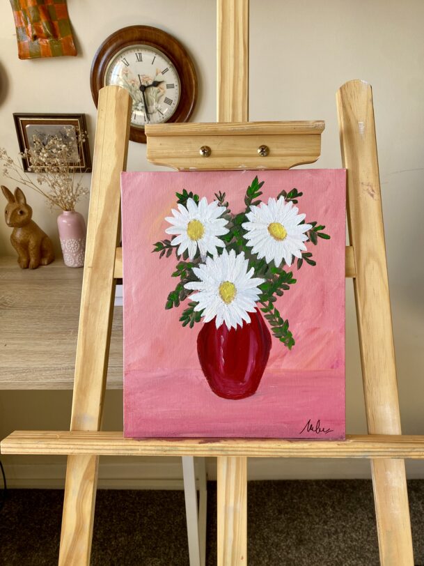 White Flowers in the Pink room - Original Acrylic Painting | Hand-Painted - Image 2