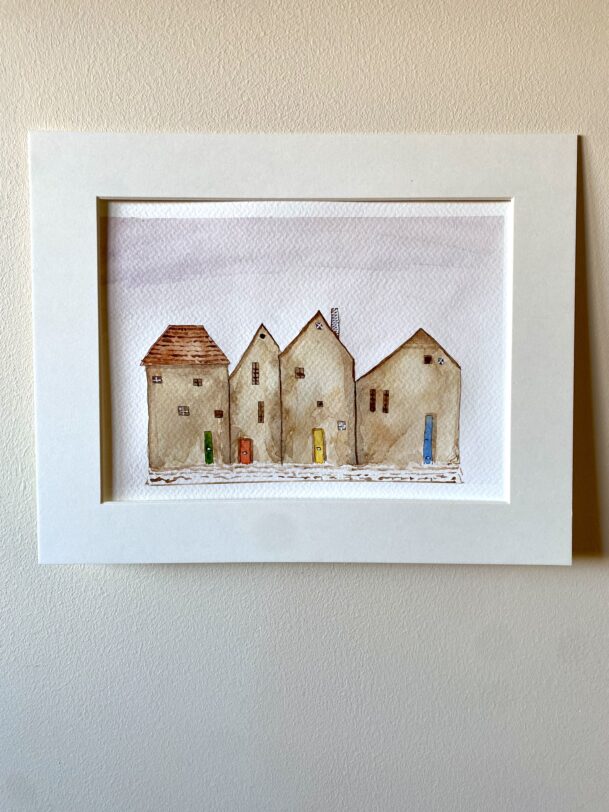Little Dutch Houses Watercolor Painting – A5 Original Artwork with Passepartout – European Architecture Wall Art